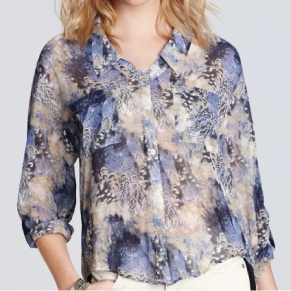 Free People Blue and Cream Abstract Blouse